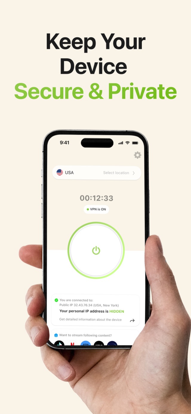 Fortify VPN+ main screen with the connection running and the selected country at the top